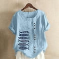 thumbnail image 1 of iHengLiXing Plus Size Spring Tops for Womens Dressy Casual Women Casual And Linen Top Fish Printed Short Sleeve Button Tunic T-shirt Blouse Blue XL, 1 of 4