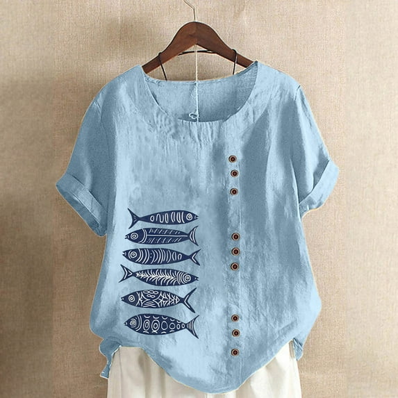 iHengLiXing Plus Size Spring Tops for Womens Dressy Casual Women Casual And Linen Top Fish Printed Short Sleeve Button Tunic T-shirt Blouse Blue XL