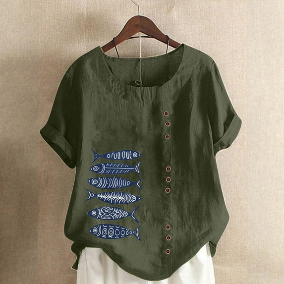 iHengLiXing Plus Size Spring Tops for Womens Dressy Casual Women Casual And Linen Top Fish Printed Short Sleeve Button Tunic T-shirt Blouse Green M