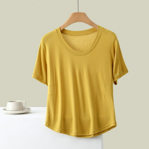 iHengLiXing Plus Size Spring Tops for Womens Dressy Casual Women's Fashionable Casual Loose Solid Color Short Sleeved T-shirt Top Short Sleeved Yellow L