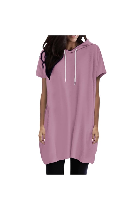 Plus Size Spring Tops for Womens Dressy Casual Women's Solid Color Hooded Drawstring Round Neck Short Sleeved T-shirt Loose Top Pink XXL