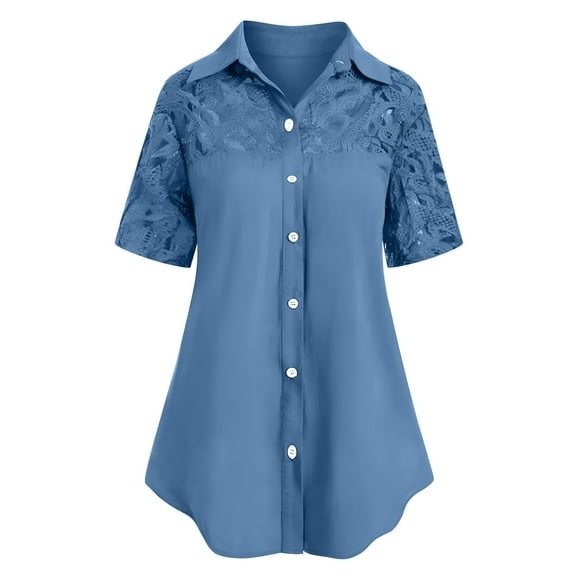 iHengLiXing Clearance Plus Size Spring Tops for Women 2025 Dressy Casual 2025 Women's New Button-up Lace Solid Color Short-sleeved Shirt Blue XL