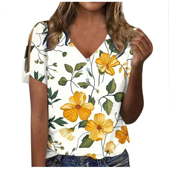 iHengLiXing Plus Size Spring Tops for Women 2025 Dressy Casual Women Fashion Casual Shirts Short Sleeve Loose Tee Neck Blouse Yellow M