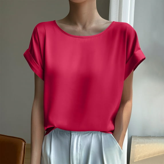 iHengLiXing Plus Size Spring Tops for Women 2025 Dressy Casual Women'S Solid Color Crew Neck Short Sleeve Casual Shirt Top Red XXXL