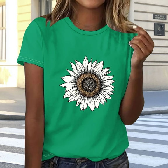 iHengLiXing Plus Size Spring Tops for Women 2025 Dressy Casual Women's Fashion Printed Short Sleeves Blouse Round Neck Casual Top Green XXL