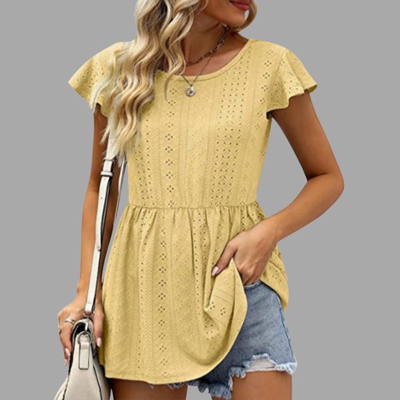 iHengLiXing Plus Size Spring Tops for Womens Dressy Casual Womens Casual Solid Color Round Neck Short Sleeve Tops Blouses Yellow L