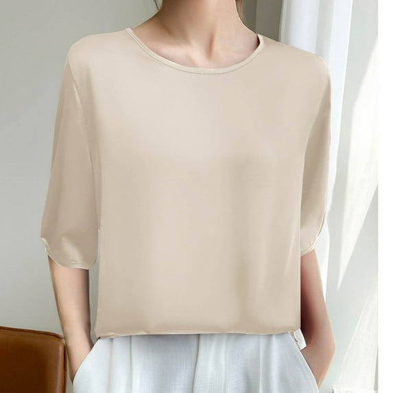 iHengLiXing Spring Plus Size Tops for Womens Dressy Casual Fashion Women's Casual Solid Color 1/2 Sleeve Round-Neck Blouses Shirts Beige XXL