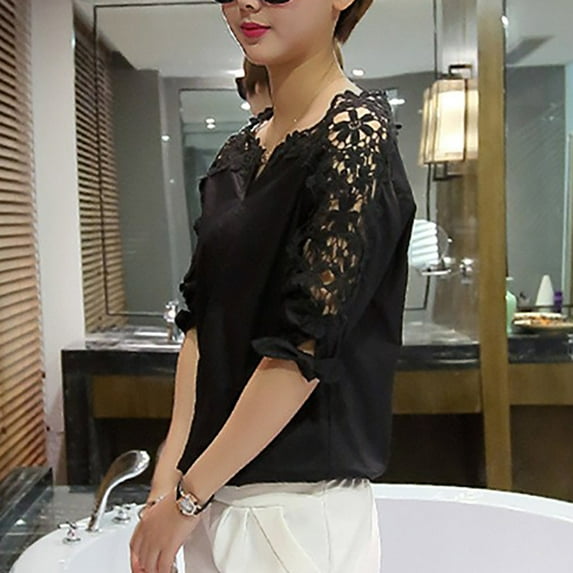 iHengLiXing Clearance Spring Plus Size Tops for Womens Dressy Casual Ladies' Casual Solid Color Fashionable Hollow Lace Patchwork Short Sleeved Top Black M