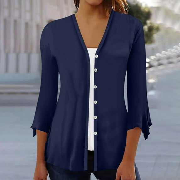 iHengLiXing Spring Plus Size Tops for Womens Dressy Casual Fashion Women Summer 3/4 Sleeve Cardigan Solid Color Casual Blouse Blue XXL