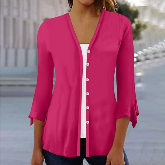 iHengLiXing Spring Plus Size Tops for Womens Dressy Casual Fashion Women Summer 3/4 Sleeve Cardigan Solid Color Casual Blouse Pink XL