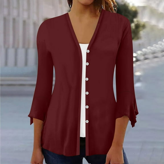 iHengLiXing Spring Plus Size Tops for Womens Dressy Casual Fashion Women Summer 3/4 Sleeve Cardigan Solid Color Casual Blouse Red XL