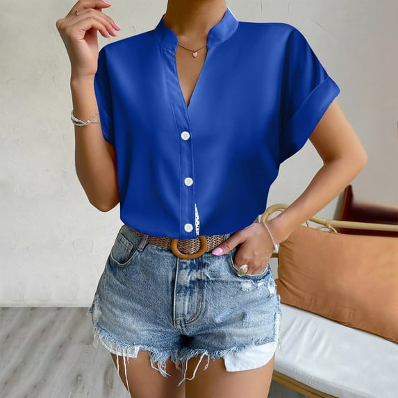 iHengLiXing Spring Plus Size Tops for Womens Dressy Casual Women Solid Color Tops Button V Neck T- Blouse Blue XL