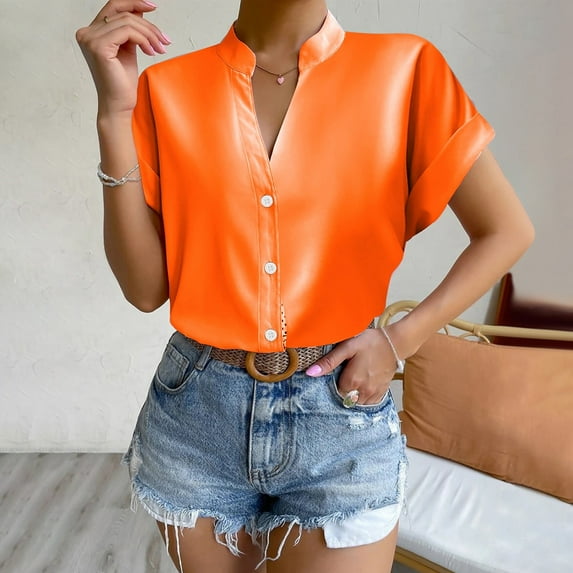 iHengLiXing Spring Plus Size Tops for Womens Dressy Casual Women Solid Color Tops Button V Neck T- Blouse Orange L