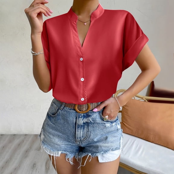 iHengLiXing Spring Plus Size Tops for Womens Dressy Casual Women Solid Color Tops Button V Neck T- Blouse Red L