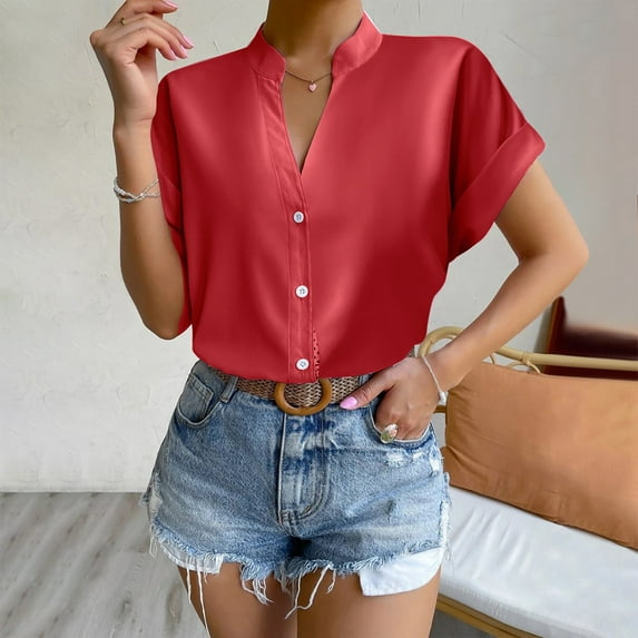 iHengLiXing Spring Plus Size Tops for Womens Dressy Casual Women Solid Color Tops Button V Neck T- Blouse Red XL