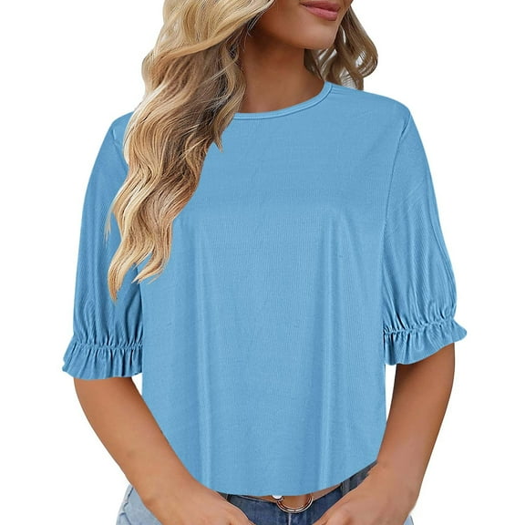 iHengLiXing Spring Tops for Womens Dressy Casual Fashion Women's Casual Large Size Round- Neck Short Solid T-shirt Top Blouse Blue XL