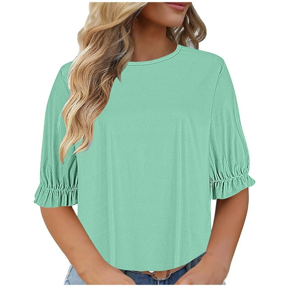 iHengLiXing Spring Tops for Womens Dressy Casual Fashion Women's Casual Large Size Round- Neck Short Solid T-shirt Top Blouse Green XL