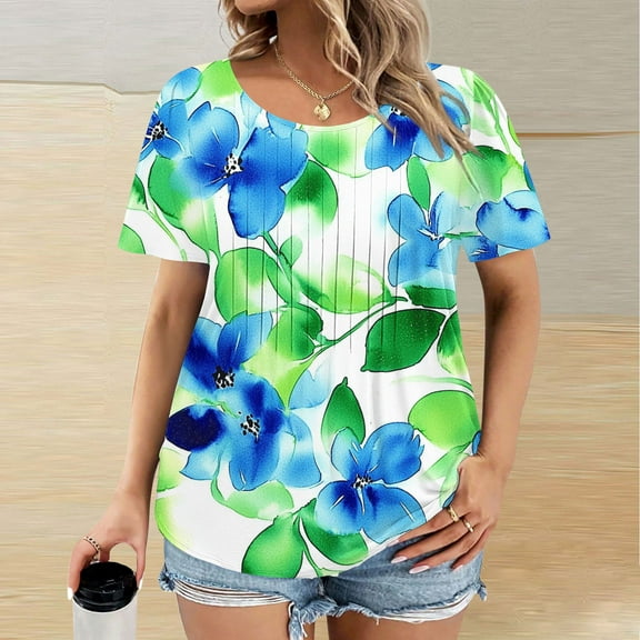 iHengLiXing Spring Tops for Womens Dressy Casual Fashion Women's Casual Print Round Neck Short Sleeve T-shirt Blouse Green S