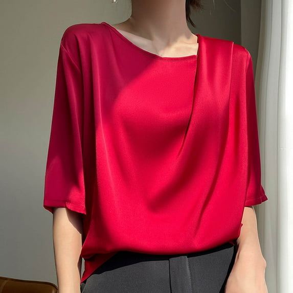 iHengLiXing Spring Tops for Womens Dressy Casual Fashion Women's Casual Solid Color 1/2 Sleeve Round-Neck Blouses Shirts Red XXL