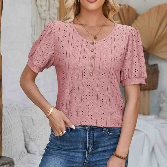 iHengLiXing Spring Tops for Womens Dressy Casual Women's Casual Round Neck Sleeve Patchwork Solid Color Loose T-Shirt Top Pink L