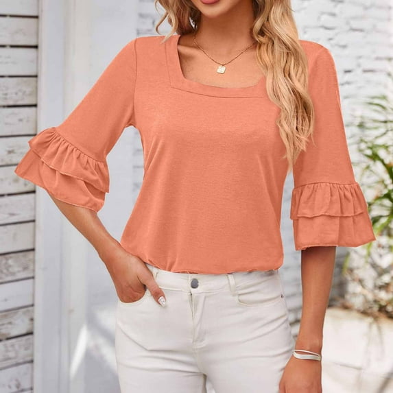 iHengLiXing Spring Tops for Womens Dressy Casual Women's Casual Solid Color Neck Ruffled Middle Sleeve Loose T-Shirt Top Pink S