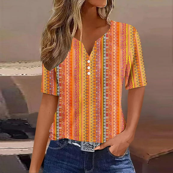 iHengLiXing Spring Tops for Womens Dressy Casual Women's Fashion Printed Short Sleeves Blouse Round Neck Casual Orange S