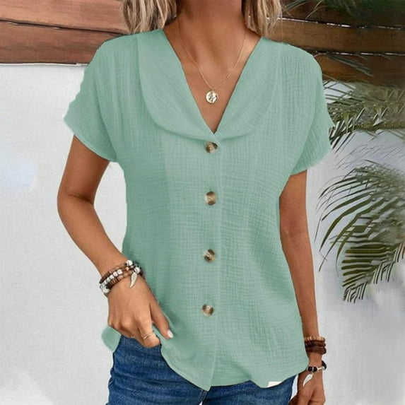 iHengLiXing Clearance Spring Tops for Womens Dressy Casual Women's Fashion Solid Color Button Short Sleeve Turndown Collar Blouse Green XXL
