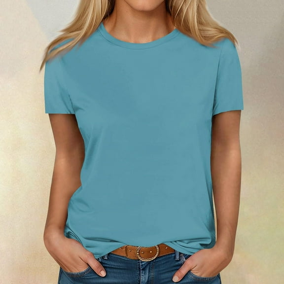 iHengLiXing Spring Tops for Womens Dressy Casual Women's Fashion Solid Short Sleeves Blouse Round Neck T-Shirt Casual Blue XXXL