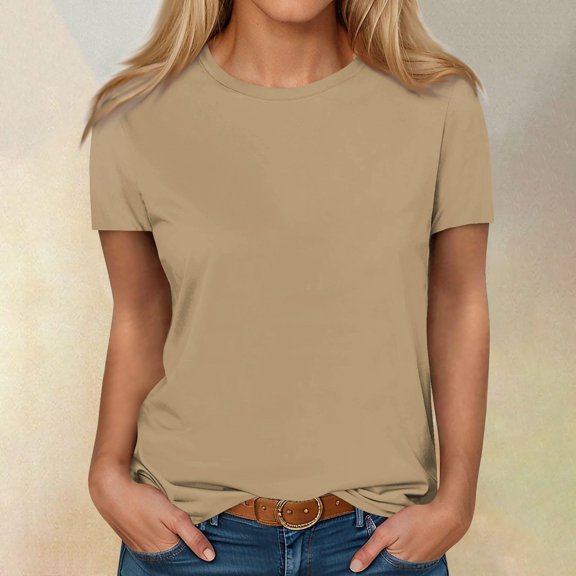 iHengLiXing Spring Tops for Womens Dressy Casual Women's Fashion Solid Short Sleeves Blouse Round Neck T-Shirt Casual Brown XL