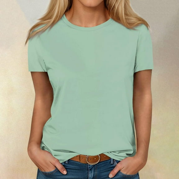 iHengLiXing Spring Tops for Womens Dressy Casual Women's Fashion Solid Short Sleeves Blouse Round Neck T-Shirt Casual Green S