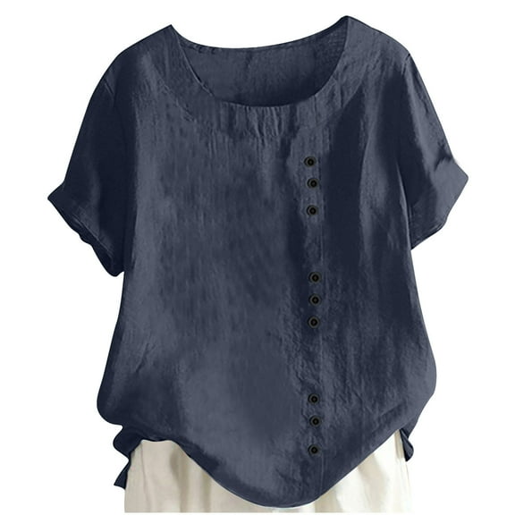iHengLiXing Spring Tops for Womens Dressy Casual Women's Summer Round Neck Short Sleeve Casual Fashion Printed Button Top T-Shirt Blue S