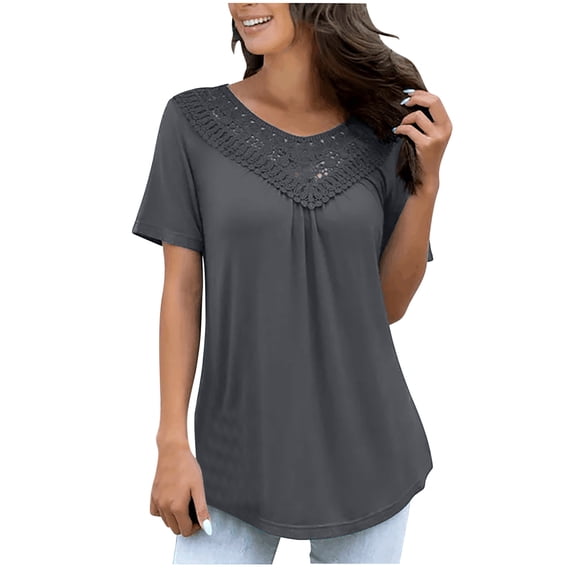 iHengLiXing Clearance Summer Dresses for Women 2025 Plus Size Tops for Women Dressy Casual Women Summer Solid Color Patchwork Lace Short Sleeve Casual Tunic Blouse Gray M