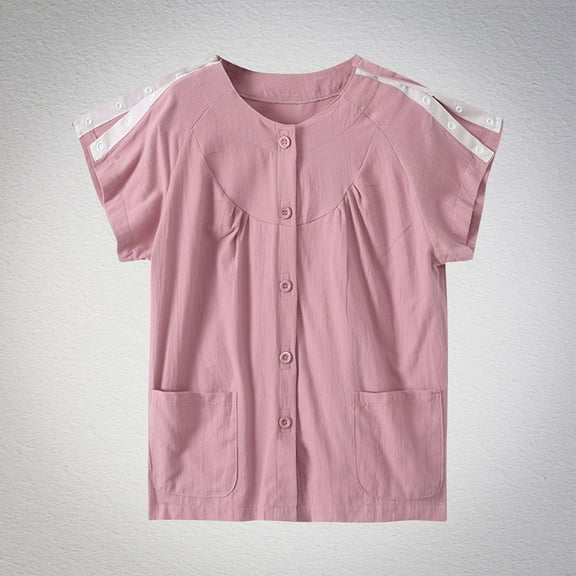 iHengLiXing Women's Easy To Wear And Take Off Postoperative Care Clothing For Fractures Fully Open Button Shoulder Inserted Short Sleeved Double Pocket Round Neck Top Red M