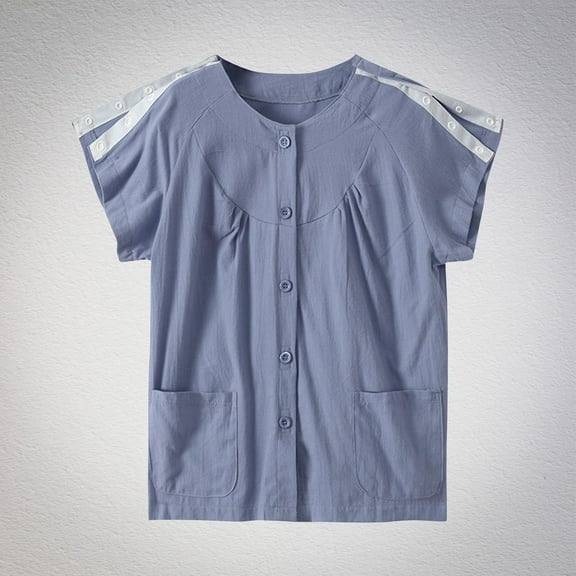iHengLiXing Women's Easy To Wear And Take Off Postoperative Care Clothing For Fractures Fully Open Button Shoulder Inserted Short Sleeved Double Pocket Round Neck Top Blue L