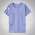 thumbnail image 1 of iHengLiXing Women's Easy To Wear And Take Off Postoperative Care Clothing For Fractures Fully Open Button Shoulder Inserted Short Sleeved Double Pocket Round Neck Top Blue M, 1 of 7