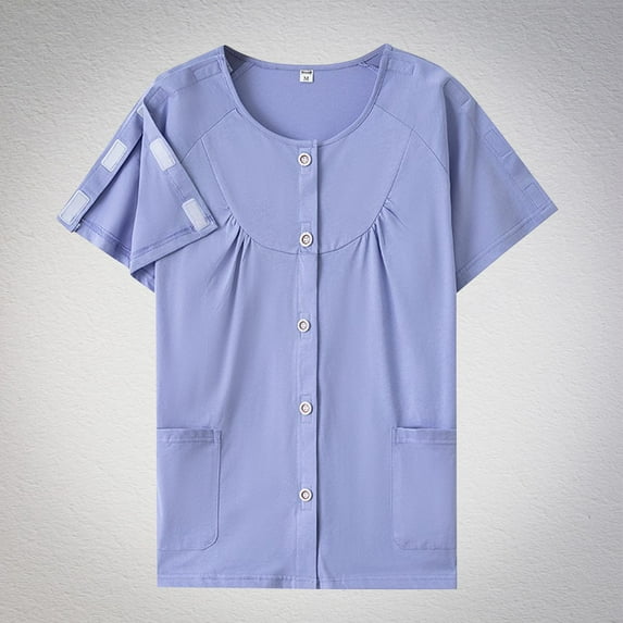 iHengLiXing Women's Easy To Wear And Take Off Postoperative Care Clothing For Fractures Fully Open Button Shoulder Inserted Short Sleeved Double Pocket Round Neck Top Blue M