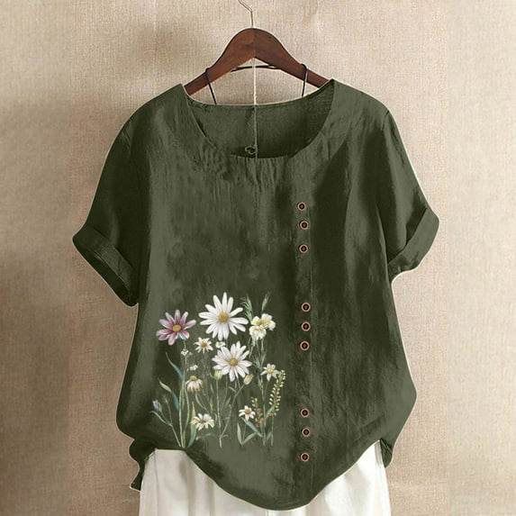 iHengLiXing Plus Size Spring Tops for Women 2025 Dressy Casual Women Casual And Linen Top Printed Short Sleeve Button Tunic T-shirt Blouse Green XXXXL