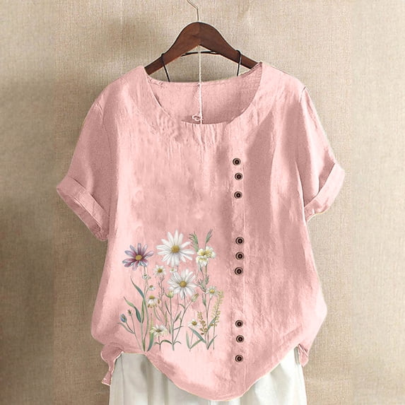 iHengLiXing Plus Size Spring Tops for Women 2025 Dressy Casual Women Casual And Linen Top Printed Short Sleeve Button Tunic T-shirt Blouse Pink S
