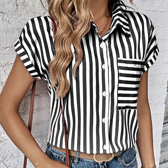 iHengLiXing Plus Size Spring Tops for Women 2025 Dressy Casual Women's Casual Printed Button Short Sleeve-Neck Black XL