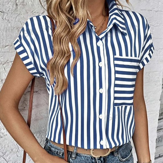 iHengLiXing Plus Size Spring Tops for Women 2025 Dressy Casual Women's Casual Printed Button Short Sleeve-Neck Blue L