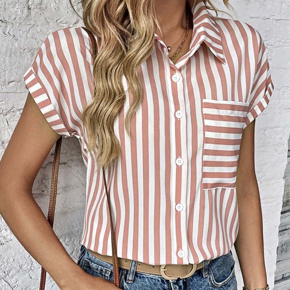 iHengLiXing Plus Size Spring Tops for Women 2025 Dressy Casual Women's Casual Printed Button Short Sleeve-Neck Pink XXL