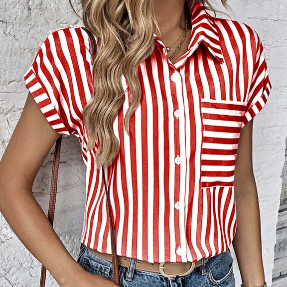 iHengLiXing Plus Size Spring Tops for Women 2025 Dressy Casual Women's Casual Printed Button Short Sleeve-Neck Red XXL
