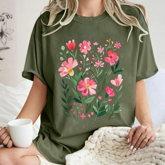 iHengLiXing Plus Size Spring Tops for Women 2025 Dressy Casual Women's Fashion Summer Round Neck Drop Sleeves Short Sleeve Printing Green S