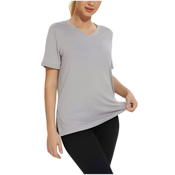 iHengLiXing Plus Size Spring Tops for Women 2025 Dressy Casual Women's Solid Color Plus Size V-Neck Short Sleeved Casual Shirt Top Gray L