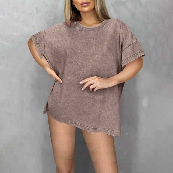 iHengLiXing Plus Size Summer Dresses for Women 2025 Dressy Casual Ladies' Fashionable Solid Color Loose Casual Round Neck Short Sleeved Shirt Brown XXXL
