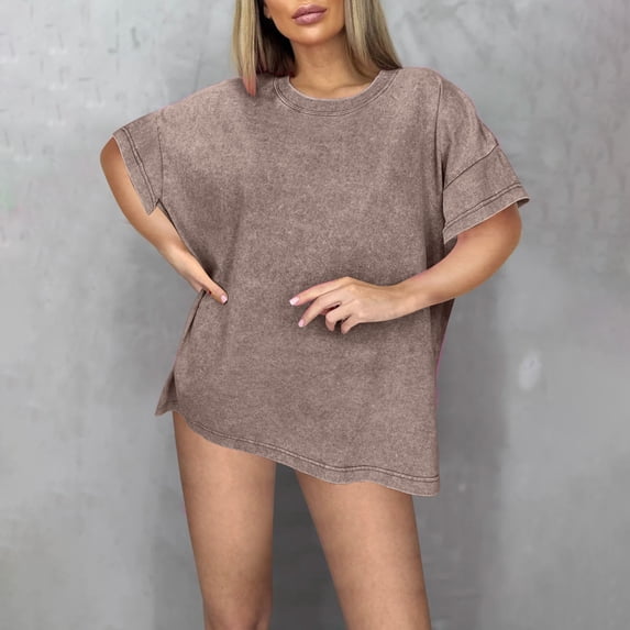 iHengLiXing Plus Size Summer Dresses for Women 2025 Dressy Casual Ladies' Fashionable Solid Color Loose Casual Round Neck Short Sleeved Shirt Brown XXXL