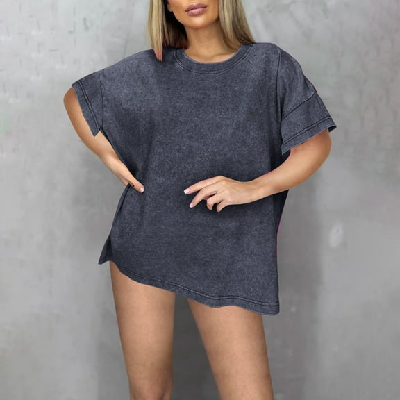 iHengLiXing Plus Size Summer Dresses for Women 2025 Dressy Casual Ladies' Fashionable Solid Color Loose Casual Round Neck Short Sleeved Shirt Black S