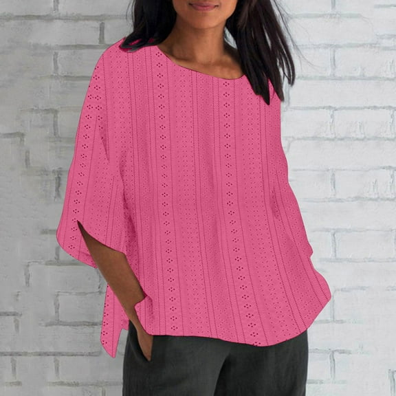 iHengLiXing Plus Size Tops for Women Women's Summer Fashion Cropped Sleeves Round Neck Loose Shirt Blouse 3/4 Sleeve