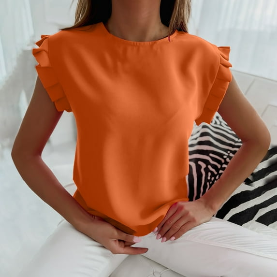 iHengLiXing Plus Size Womens Tops Dressy Casual Fashion Women Summer Casual Round-Neck Short Sleeve Pullove Solid Blouse T-Shirt Orange M
