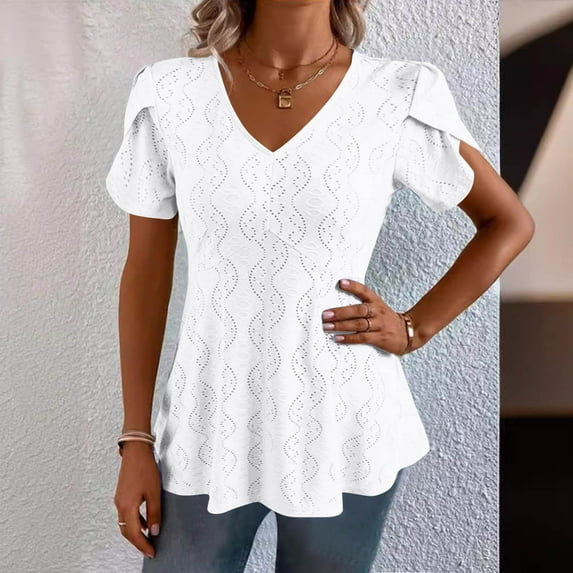 iHengLiXing Plus Size Womens Tops Dressy Casual Fashion Women's Casual Short Sleeve Solid Ladies V-Neck Top Blouse White M